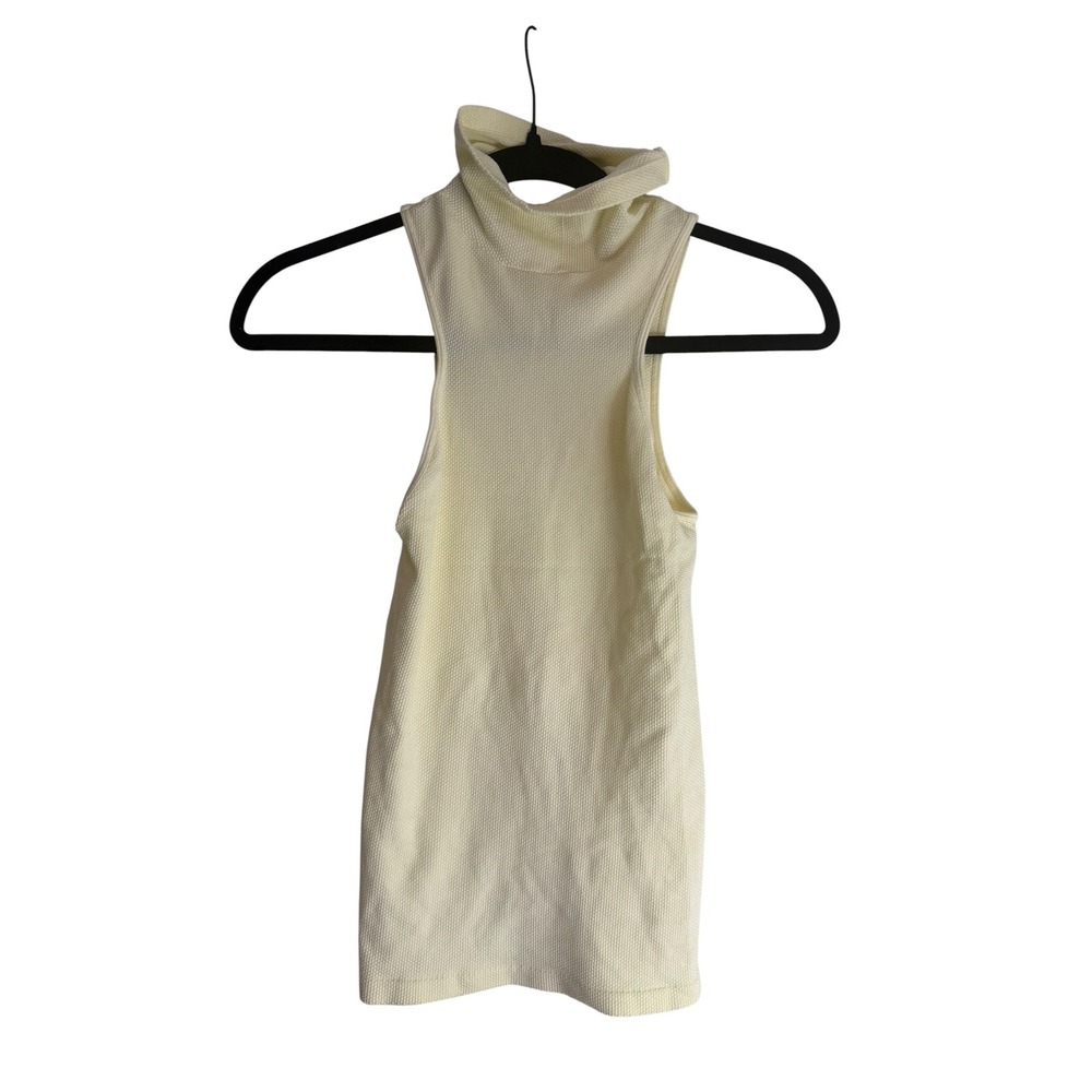 Free People Cream Textured Waffle Knit Sleeveless Turtleneck Top